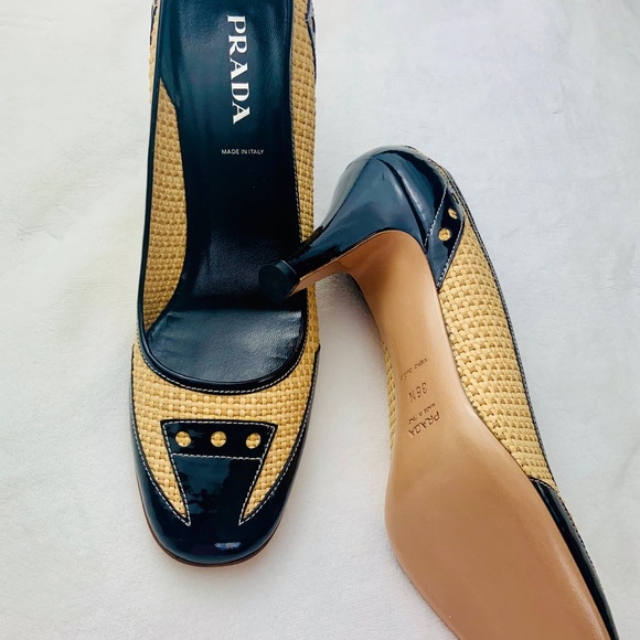 PRADA Straw black p leather high heel Sz 8 / 38.5 - Picture 8 of 16